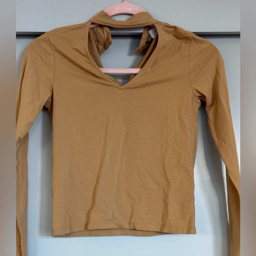 Camel Long Sleeve Choker V Neck Top